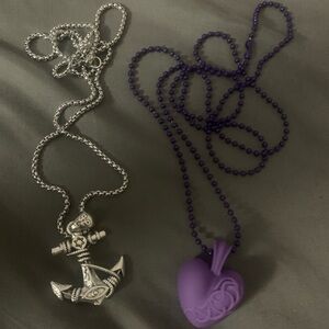 Silver Anchor Pendant Necklace with Purple Heart Bead Chain